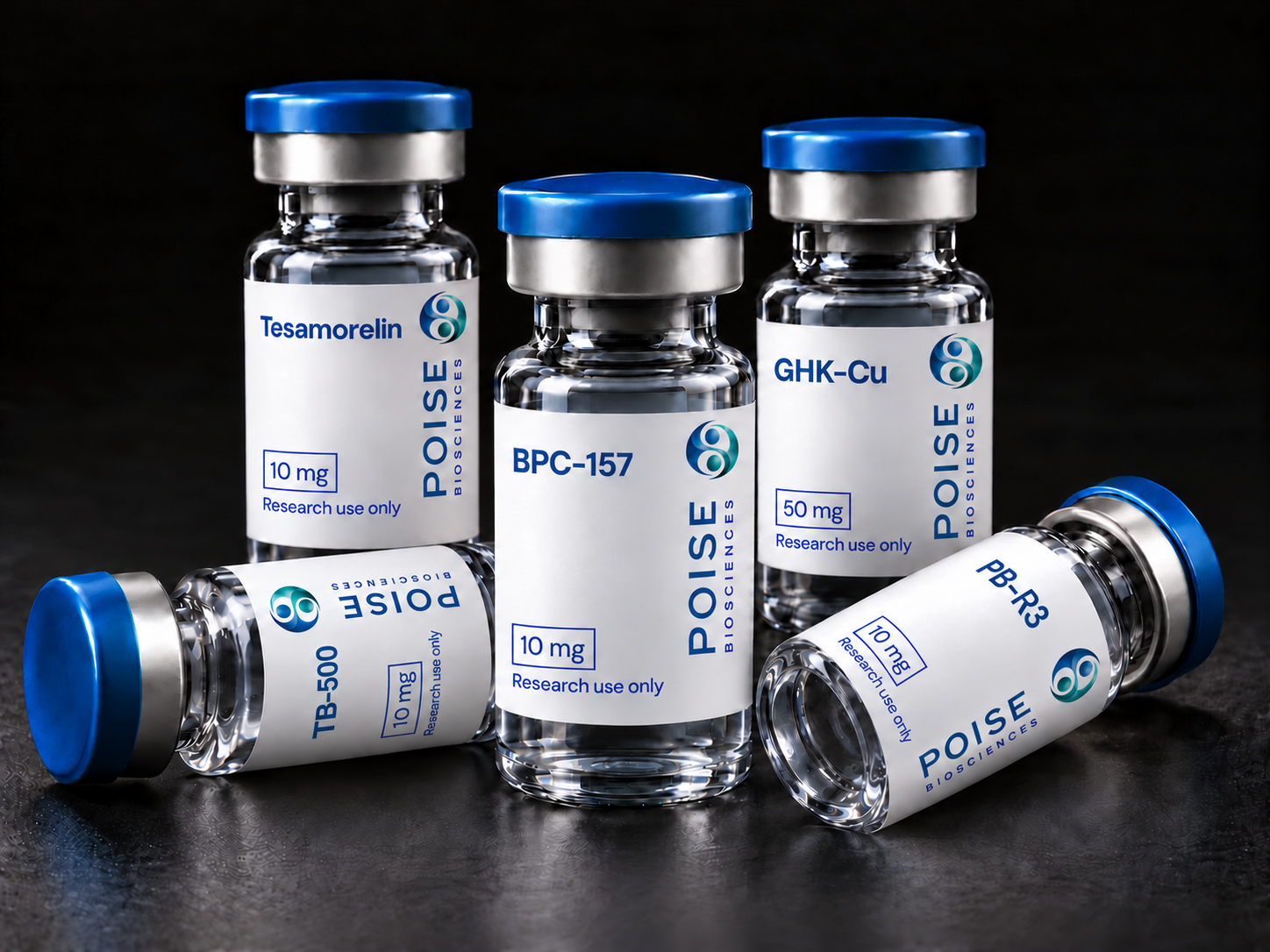 Five Poise Biosciences research vials: Tesamorelin 10 mg, BPC-157 10 mg, GHK-Cu 50 mg, TB-500 10 mg and PB-R3 10 mg